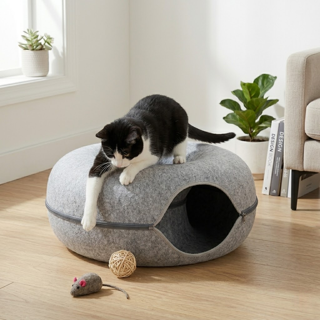 Premium Felt Donut Cat Bed & Play Tunnel